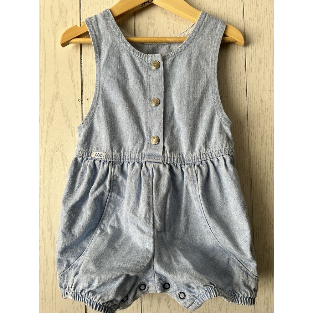 VTG Lee 80's‎ Denim Bubble Romper Light Denim 4 Solid Blue Leg Snaps bloomer USA